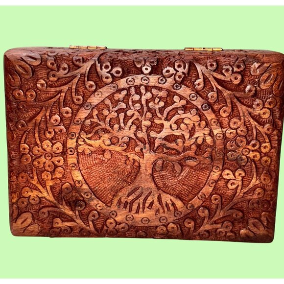 vintage hand carved hinged velvet lined Handcrafted Wooden Tree Life Jewelry Box - Picture 3 of 14